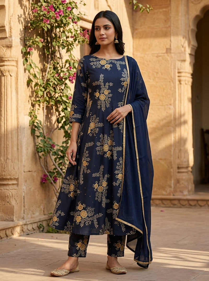 Navy Ethnic Floral Vine Embroidery Print Pure Cotton Digital Printed Fabric