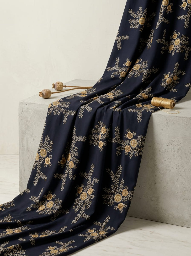 Navy Ethnic Floral Vine Embroidery Print Pure Cotton Digital Printed Fabric