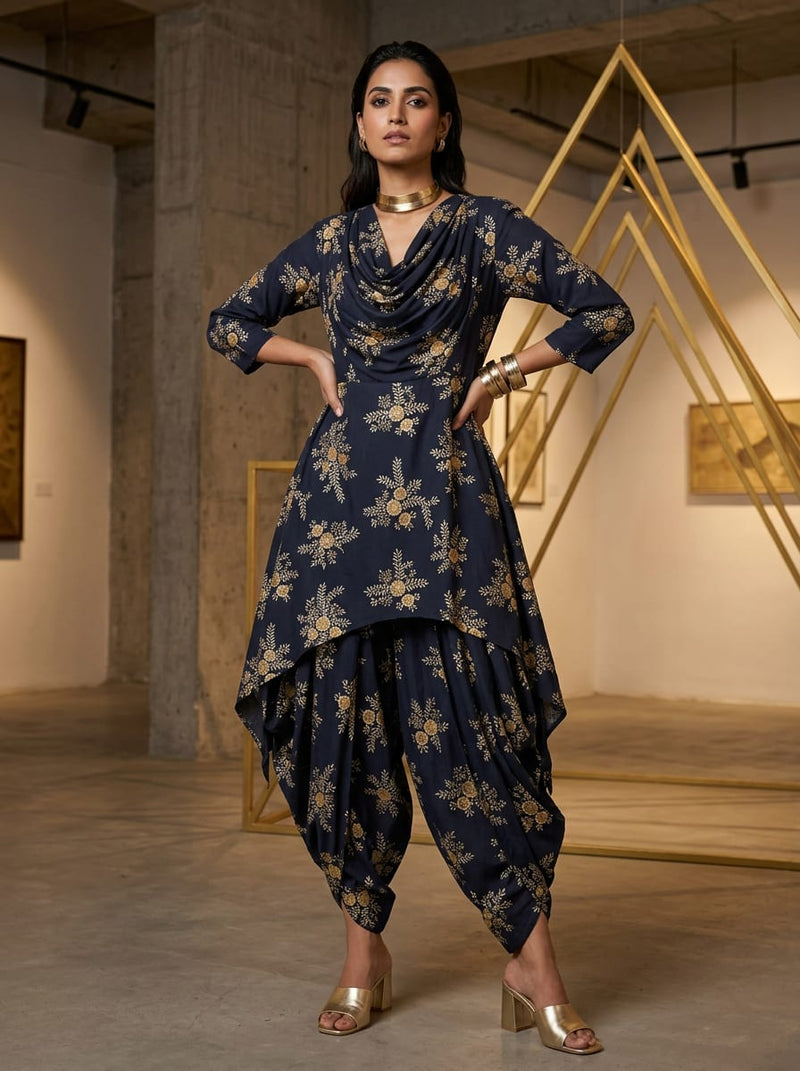 Navy Ethnic Floral Vine Embroidery Print Pure Cotton Digital Printed Fabric