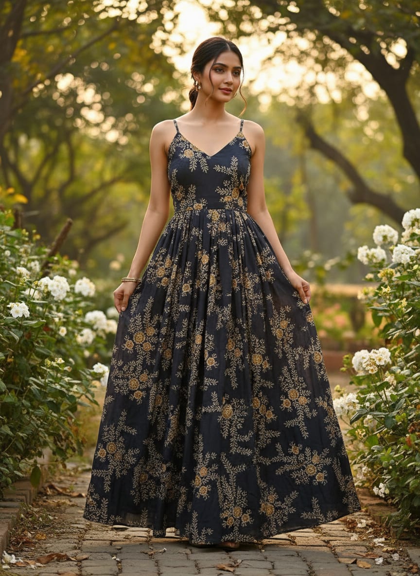 Navy Ethnic Floral Vine Embroidery Print Pure Muslin Digital Printed Fabric