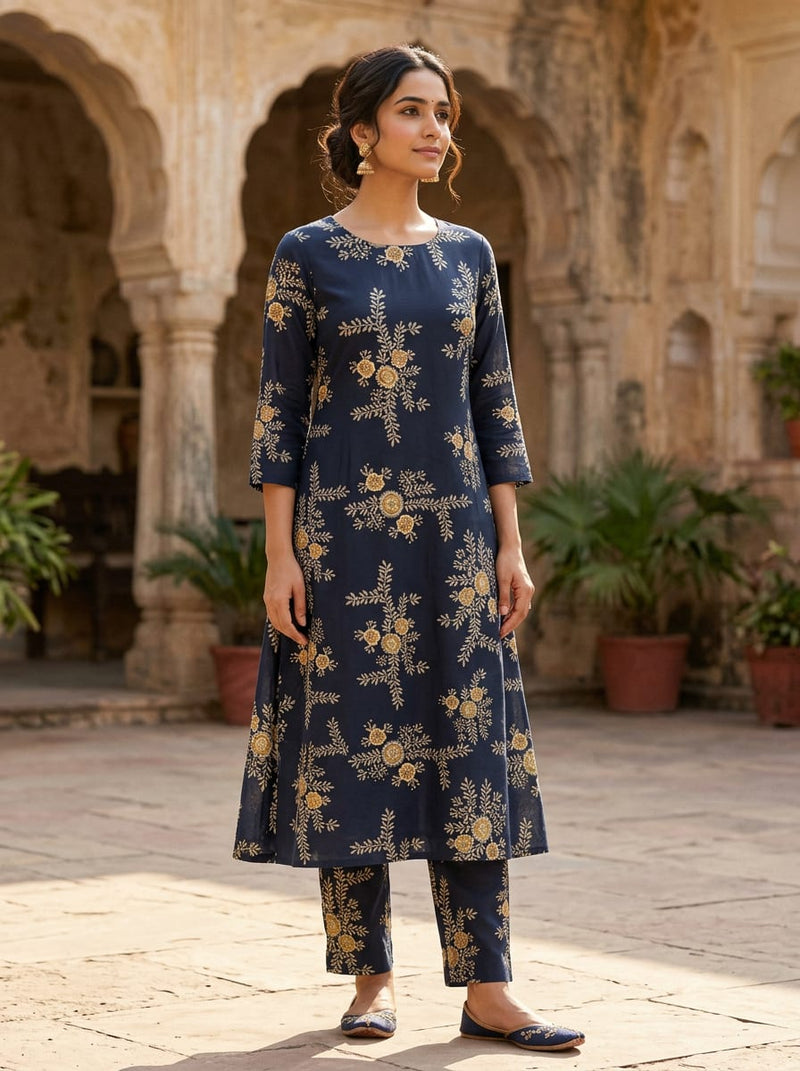Navy Ethnic Floral Vine Embroidery Print Pure Muslin Digital Printed Fabric