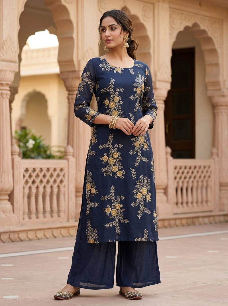Navy Ethnic Floral Vine Embroidery Print Pure Muslin Digital Printed Fabric