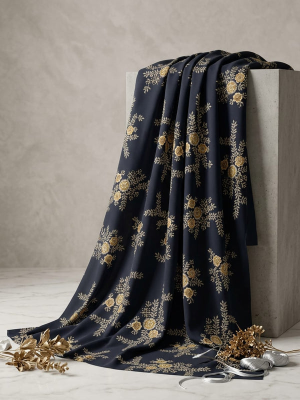Navy Ethnic Floral Vine Embroidery Print Pure Muslin Digital Printed Fabric
