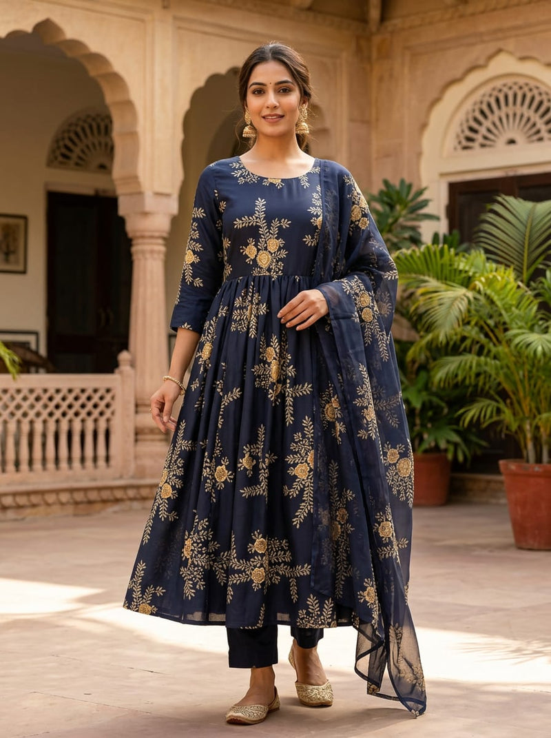 Navy Golden Floral Buti Upada Silk Digital Printed Fabric