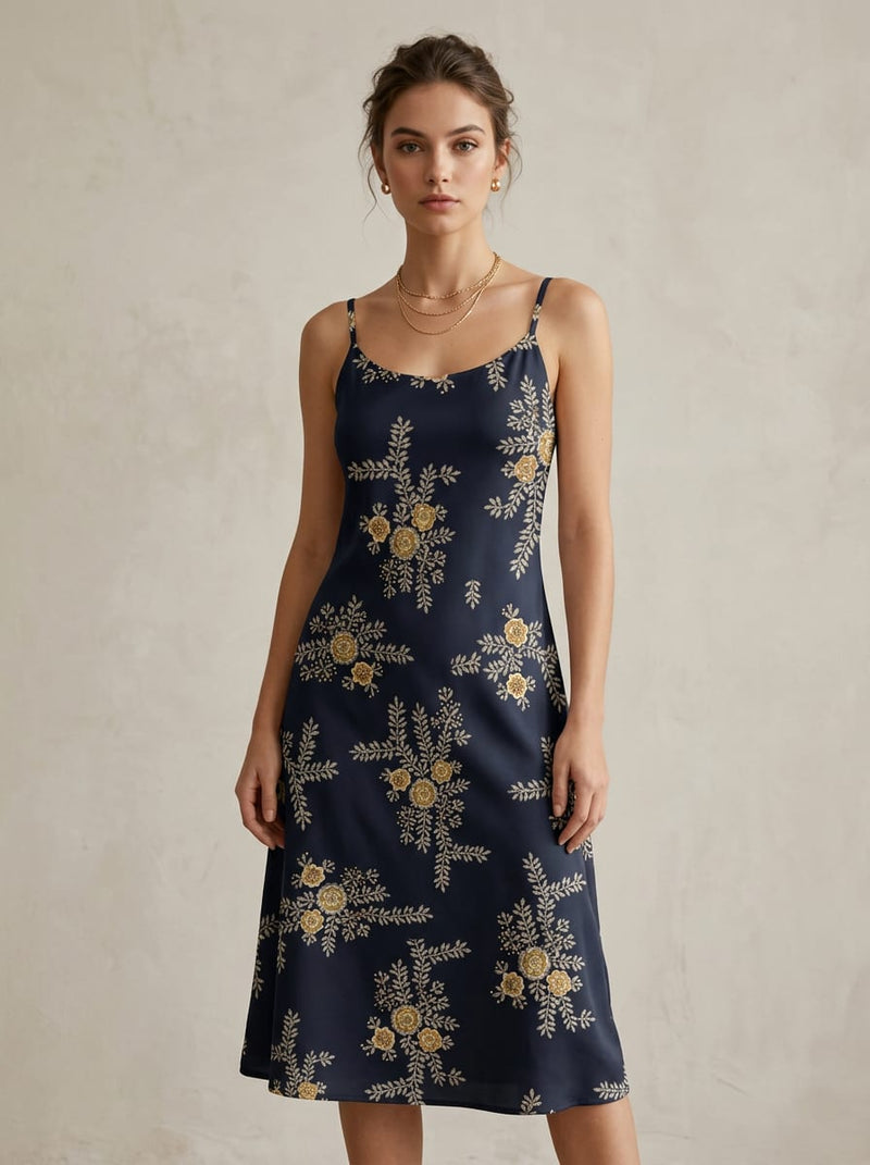 Navy Golden Floral Buti Upada Silk Digital Printed Fabric