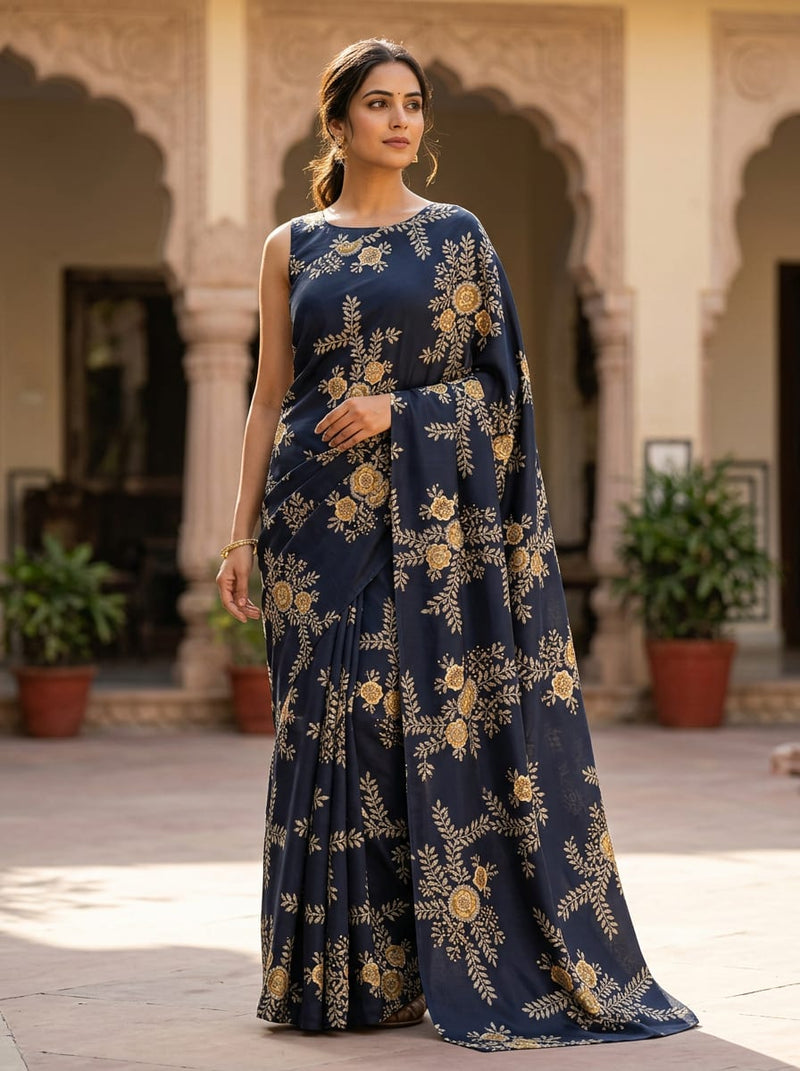 Navy Golden Floral Buti Upada Silk Digital Printed Fabric
