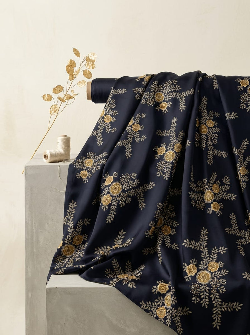Navy Golden Floral Buti Upada Silk Digital Printed Fabric
