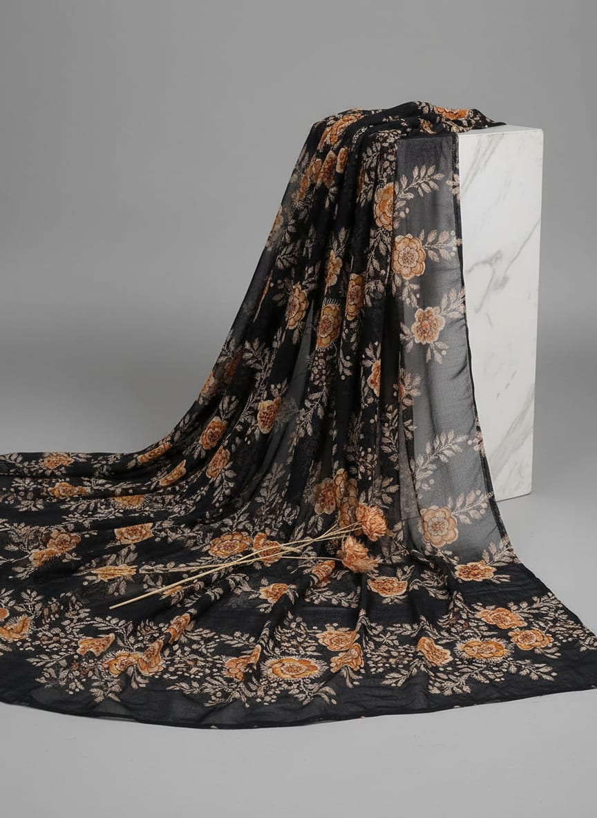 Embroidery Flower And Buds Digital Printed Fabric - Pure Georgette