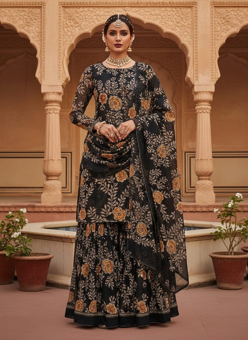 Embroidery Flower And Buds Digital Printed Fabric - Pure Georgette