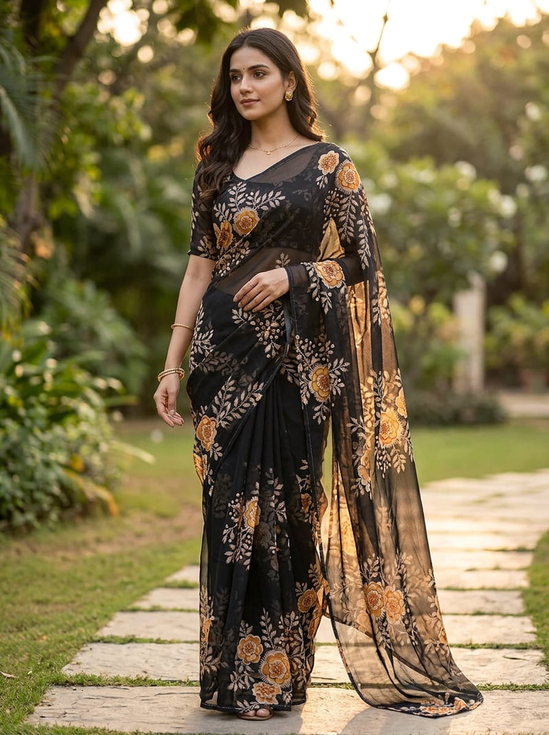 Black Ethnic Floral Border Pure Georgette Digital Printed Fabric