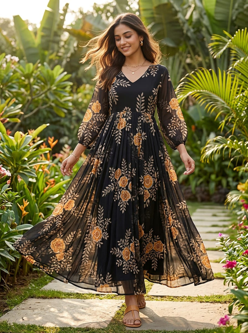 Black Ethnic Floral Border Pure Georgette Digital Printed Fabric