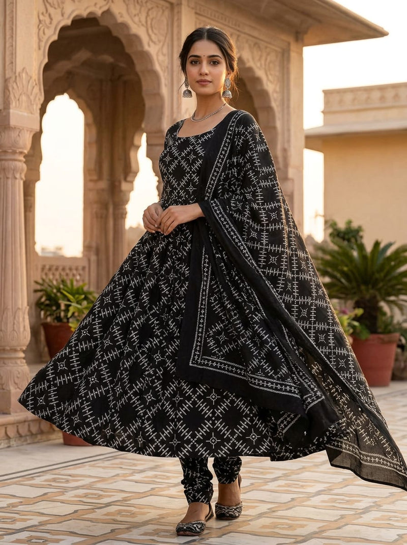 Black Ethnic Geometric Pattern Weightless Digital Printed Fabric