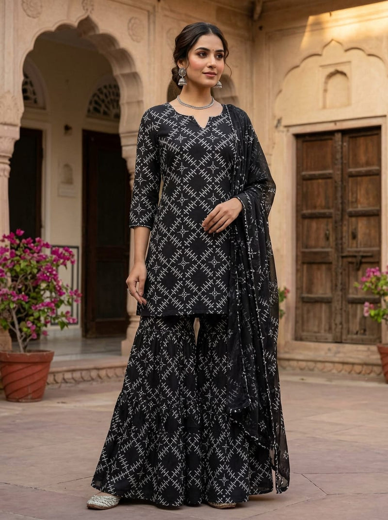 Black Ethnic Geometric Pattern Weightless Digital Printed Fabric