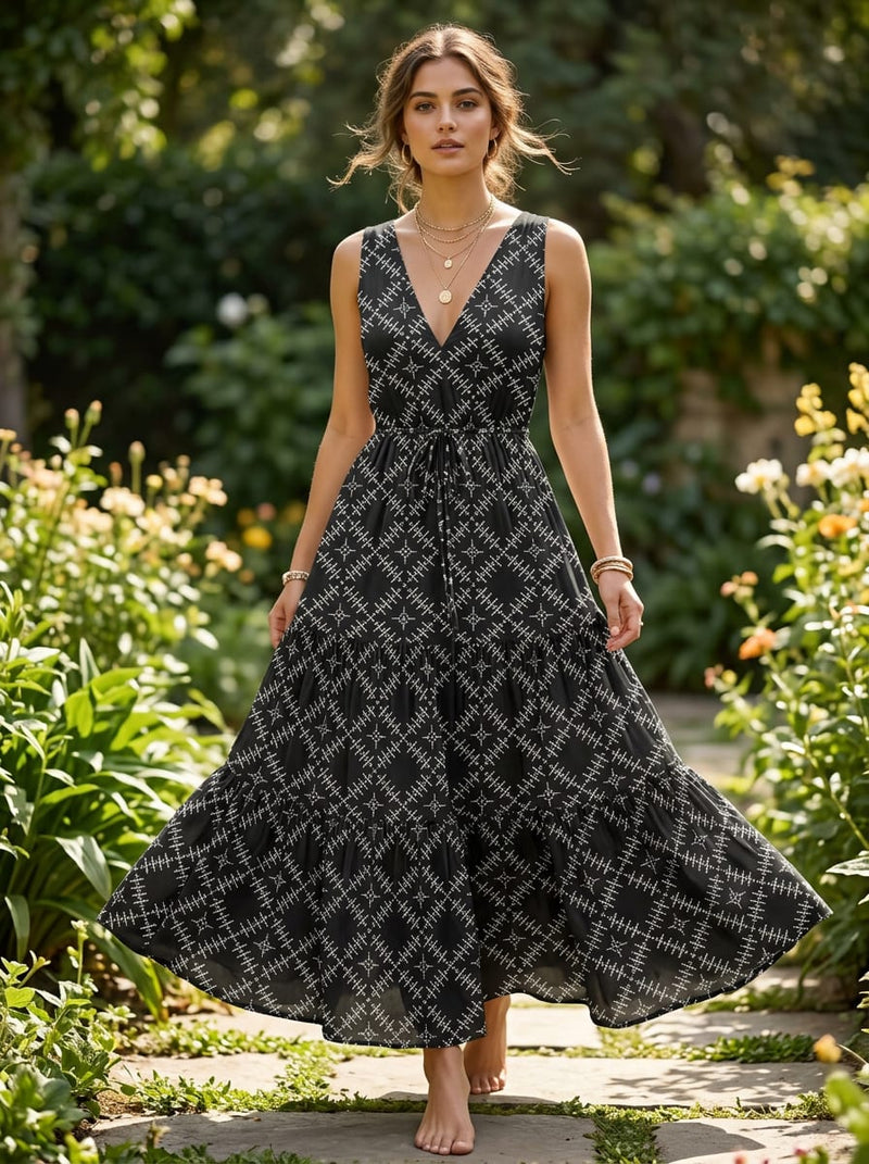 Black Ethnic Geometric Pattern Weightless Digital Printed Fabric