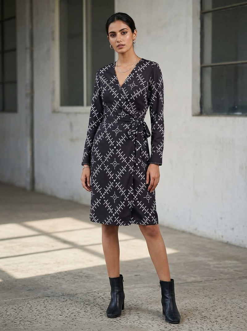 Black Ethnic Geometric Silk Crepe Digital Printed Fabric