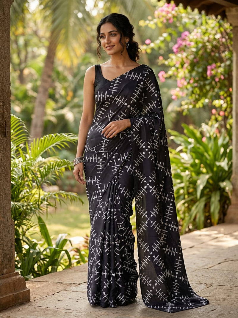 Black Ethnic Geometric Silk Crepe Digital Printed Fabric
