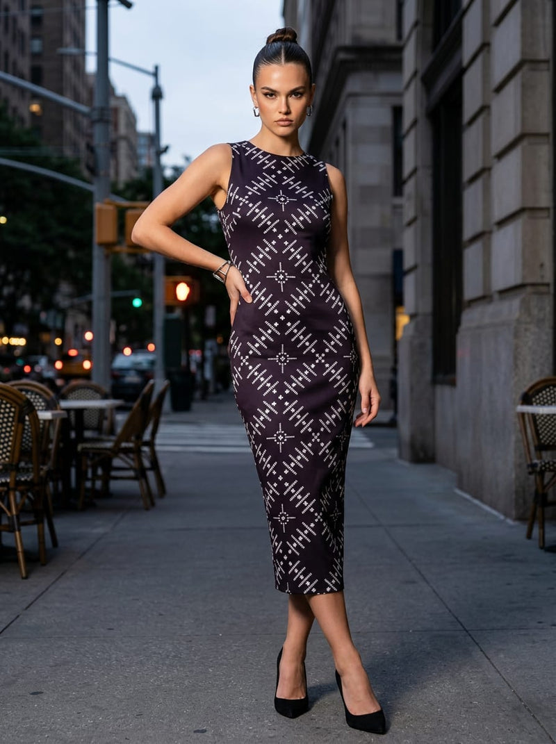 Black Ethnic Geometric Silk Crepe Digital Printed Fabric