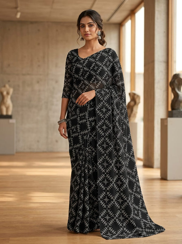 Black Ethnic Geometric Motif Pure Georgette Digital Printed Fabric - Saree Lookbook - PG-0-TA08267P-110 - alternate view