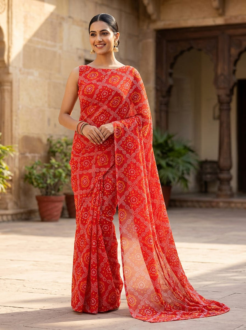 Red Traditional Ethnic Bandhani Print Weightless Digital Printed Fabric