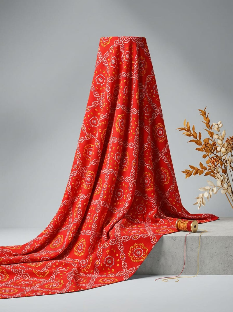 Red Traditional Ethnic Bandhani Print Weightless Digital Printed Fabric