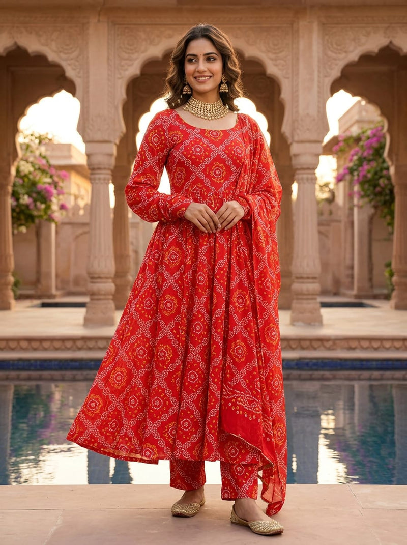 Red Traditional Ethnic Bandhani Print Weightless Digital Printed Fabric