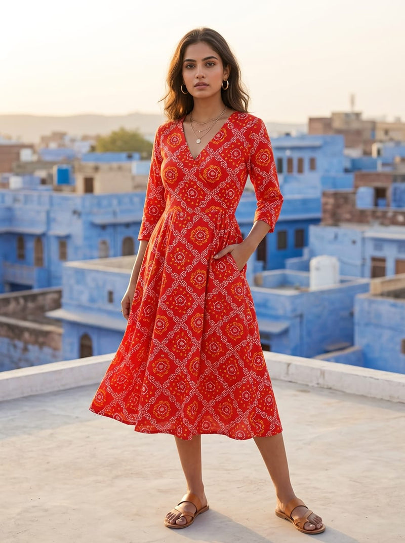 Red Traditional Ethnic Bandhani Print Weightless Digital Printed Fabric