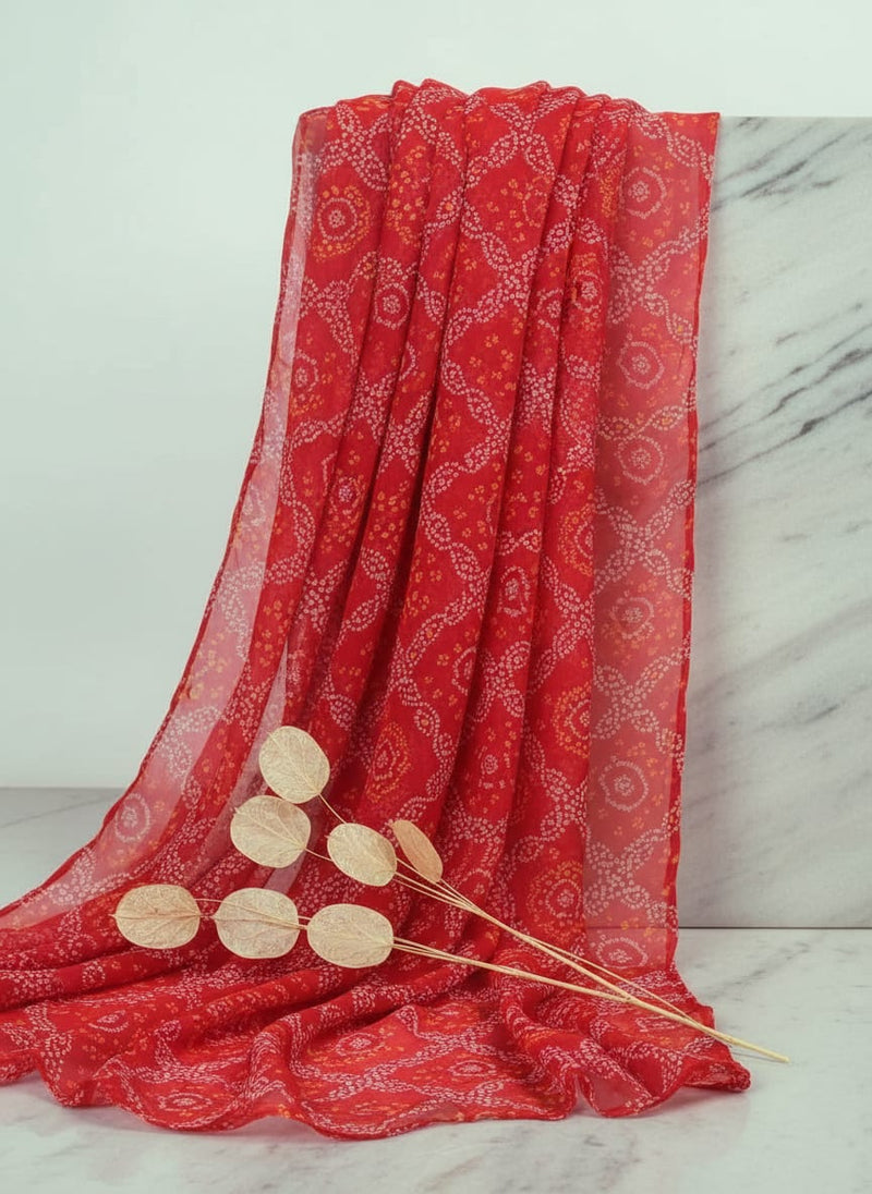 Red Traditional Ethnic Bandhani Print Organza Digital Printed Fabric