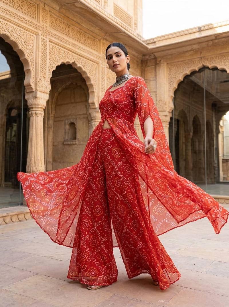 Red Traditional Ethnic Bandhani Print Organza Digital Printed Fabric