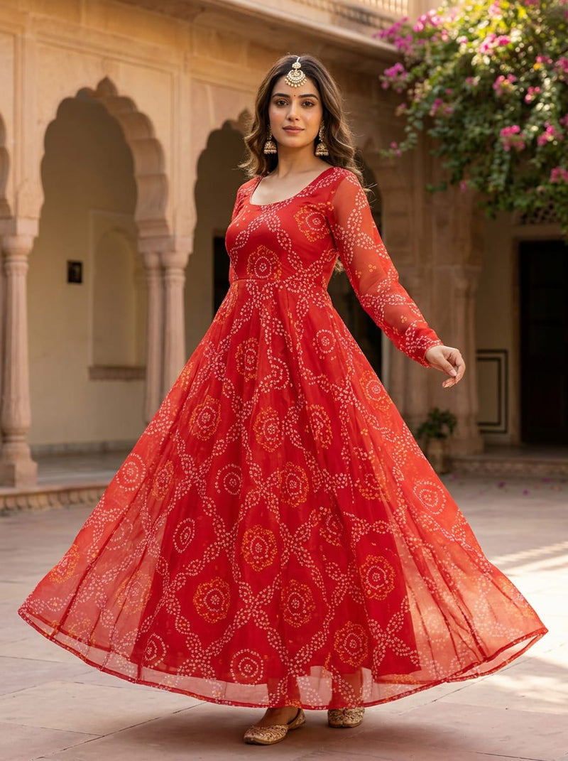 Red Traditional Ethnic Bandhani Print Organza Digital Printed Fabric