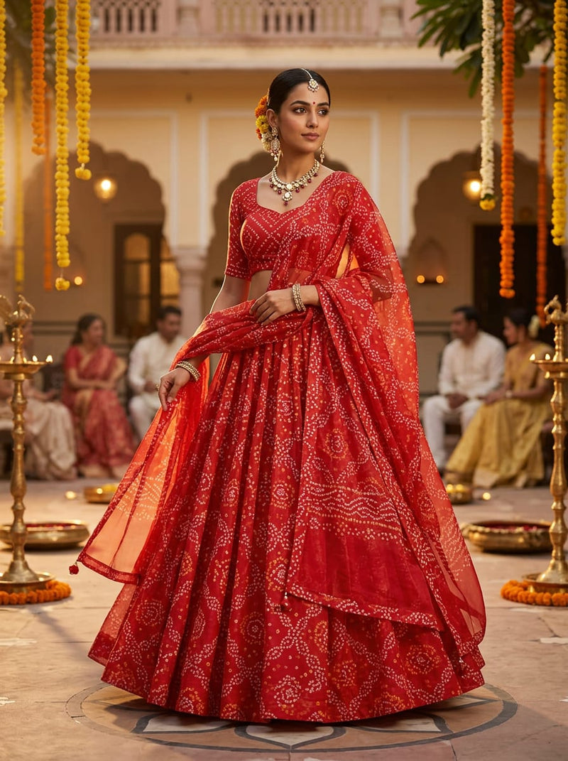 Red Traditional Ethnic Bandhani Print Organza Digital Printed Fabric