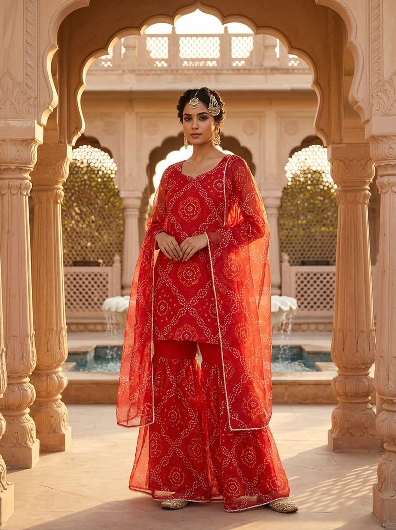 Red Traditional Ethnic Bandhani Print Organza Digital Printed Fabric