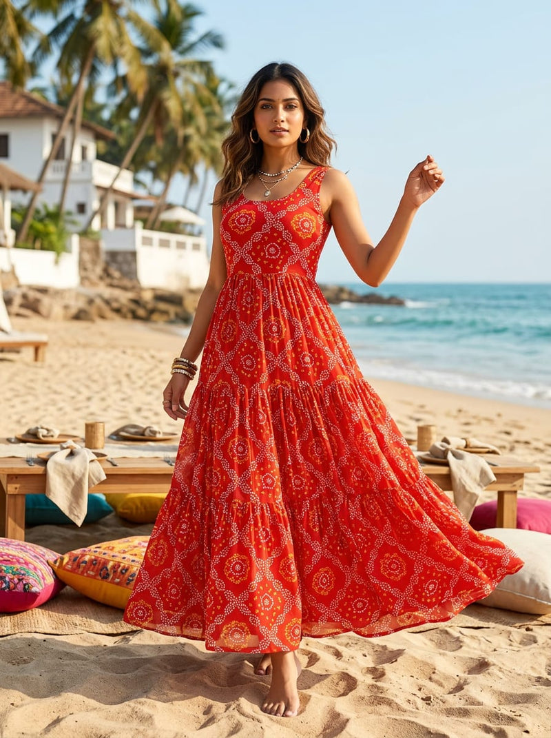 Red Ethnic Bandhani Pattern Pure Georgette Digital Printed Fabric