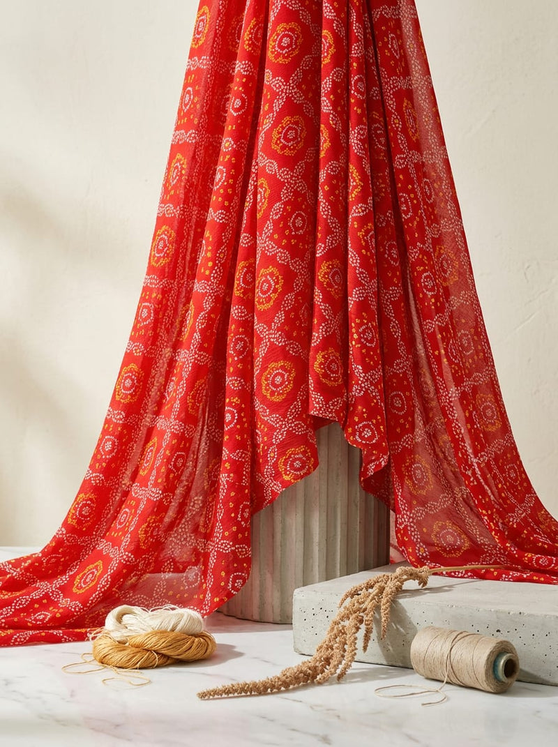 Red Ethnic Bandhani Pattern Pure Georgette Digital Printed Fabric