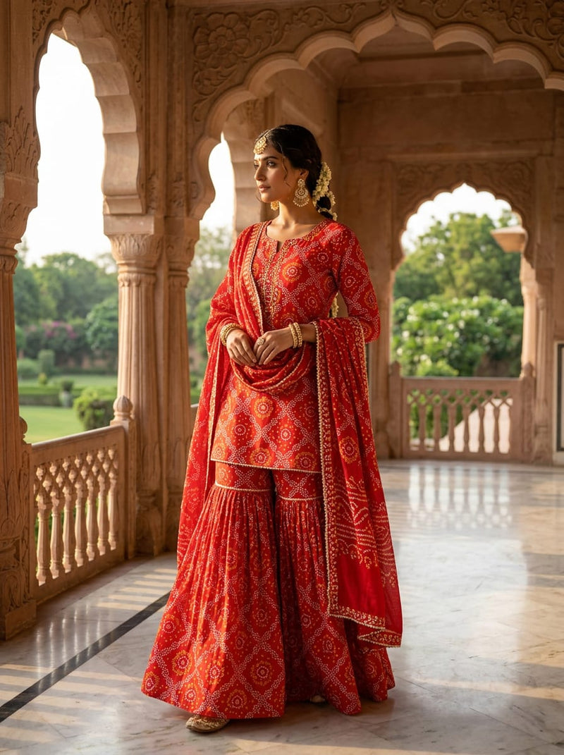 Red Ethnic Bandhani Pattern Pure Georgette Digital Printed Fabric