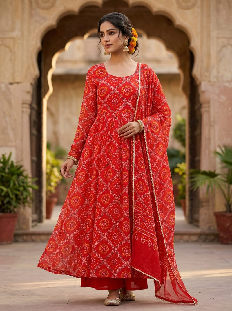 Red Ethnic Bandhani Pattern Pure Georgette Digital Printed Fabric