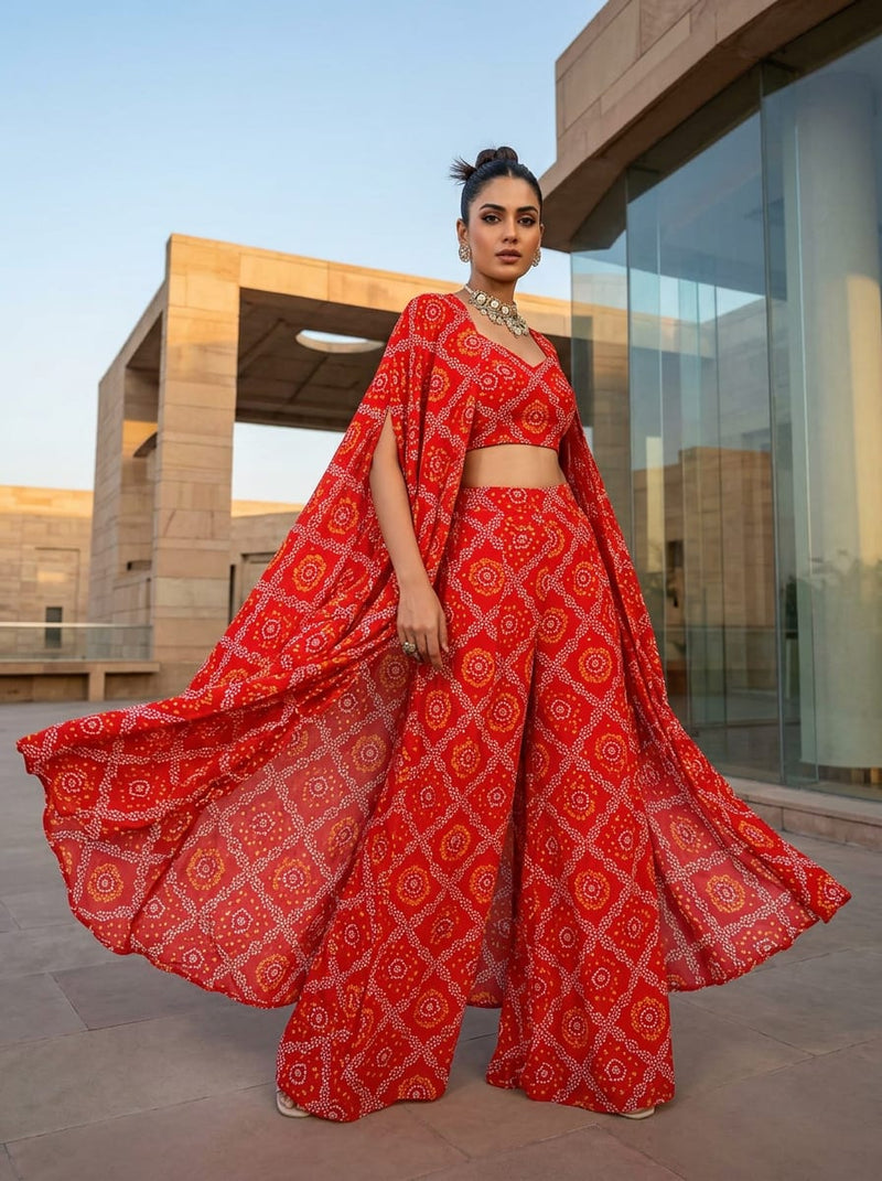 Red Ethnic Bandhani Pattern Pure Georgette Digital Printed Fabric
