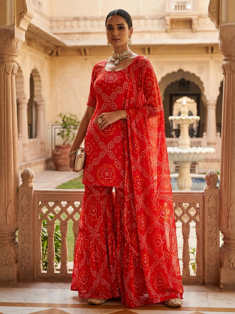Red Traditional Bandhani Print Pure Chiffon Digital Printed Fabric