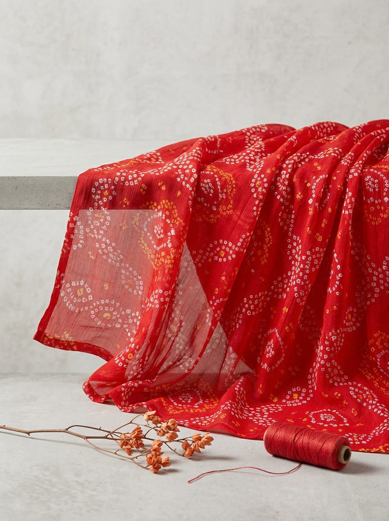 Red Traditional Bandhani Print Pure Chiffon Digital Printed Fabric