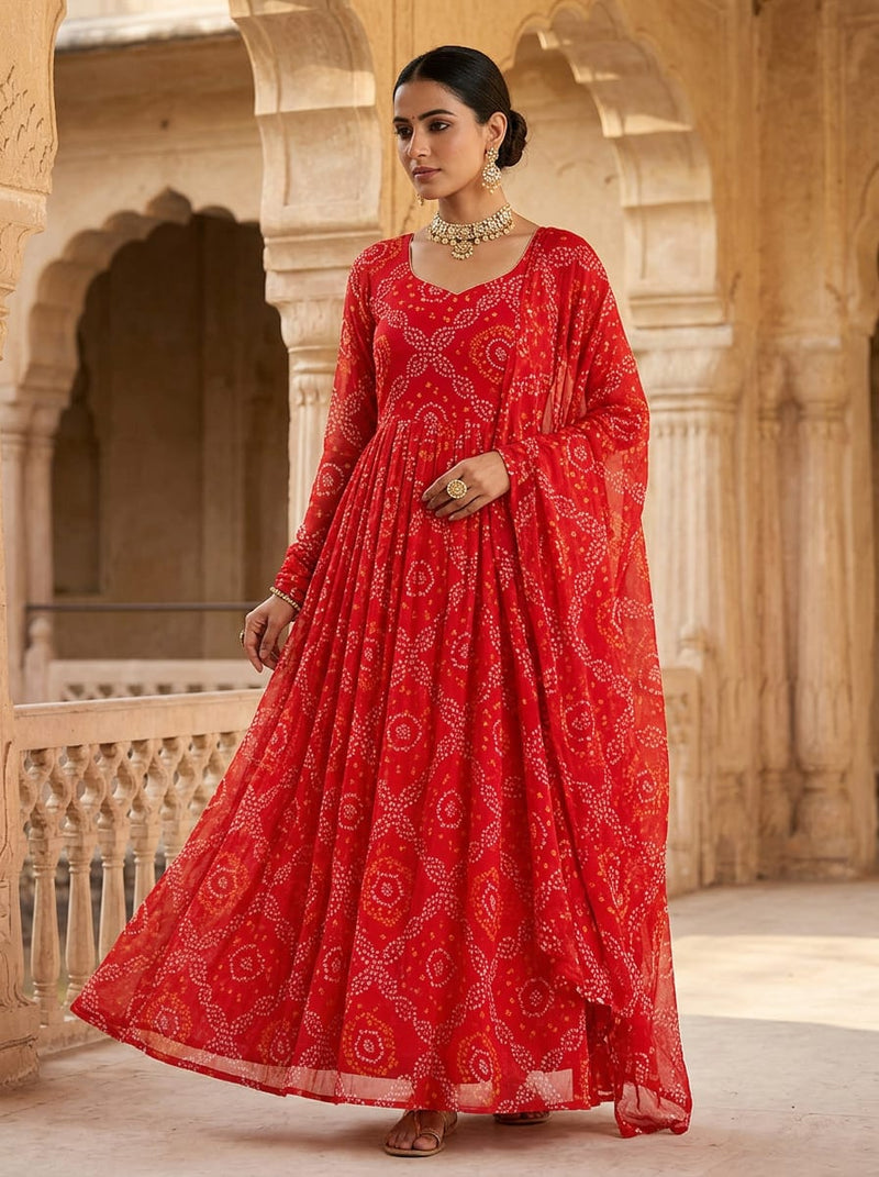 Red Traditional Bandhani Print Pure Chiffon Digital Printed Fabric