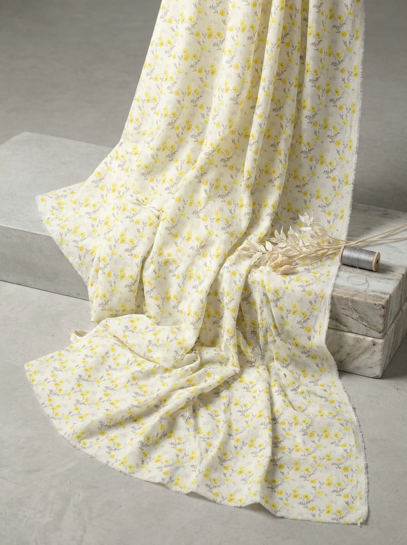 Yellow Small Ditsy Poppy Floral Muslin Digital Printed Fabric