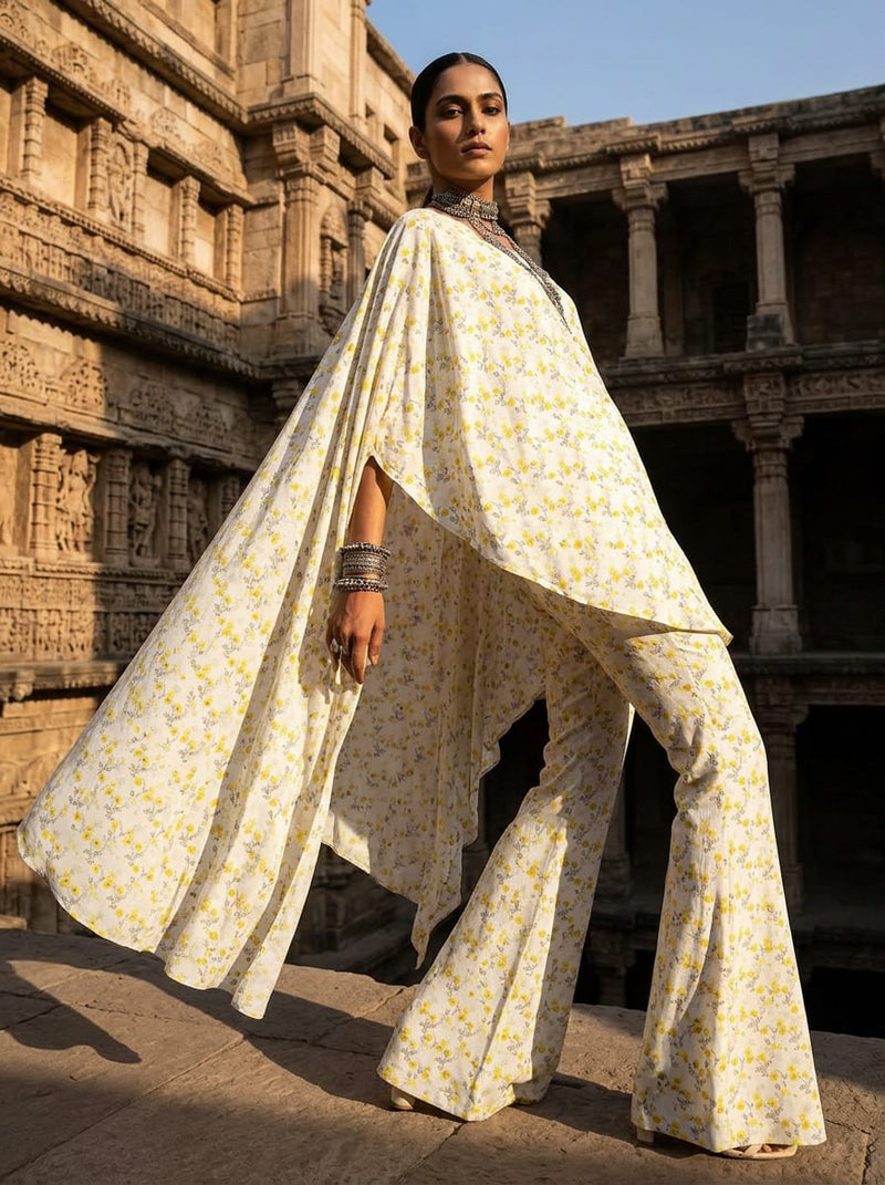 Yellow Ditsy Floral Print Silk Crepe Digital Printed Fabric
