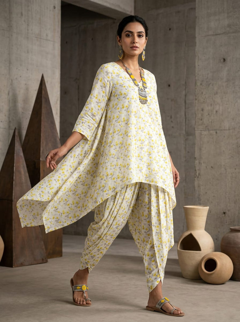 Cream Ditsy Yellow Floral Pure Cotton Digital Printed Fabric
