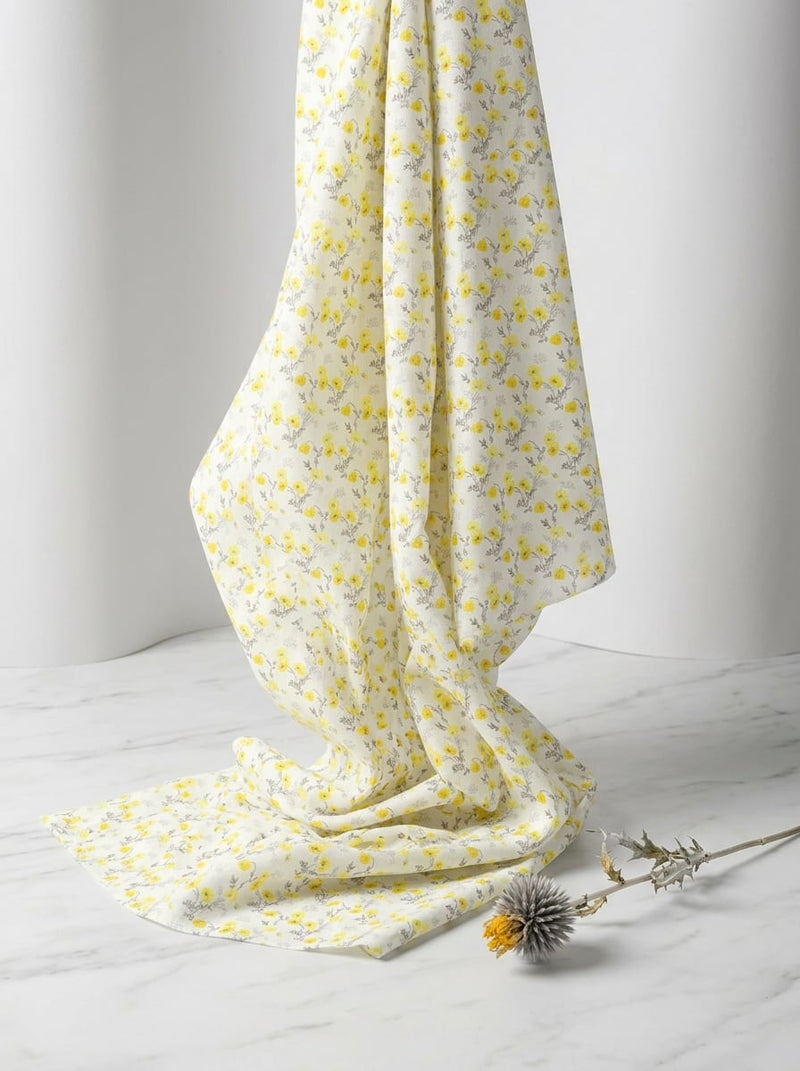 Cream Ditsy Yellow Floral Pure Cotton Digital Printed Fabric