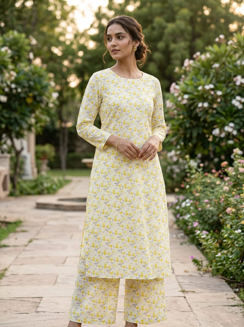 Cream Ditsy Yellow Floral Pure Cotton Digital Printed Fabric