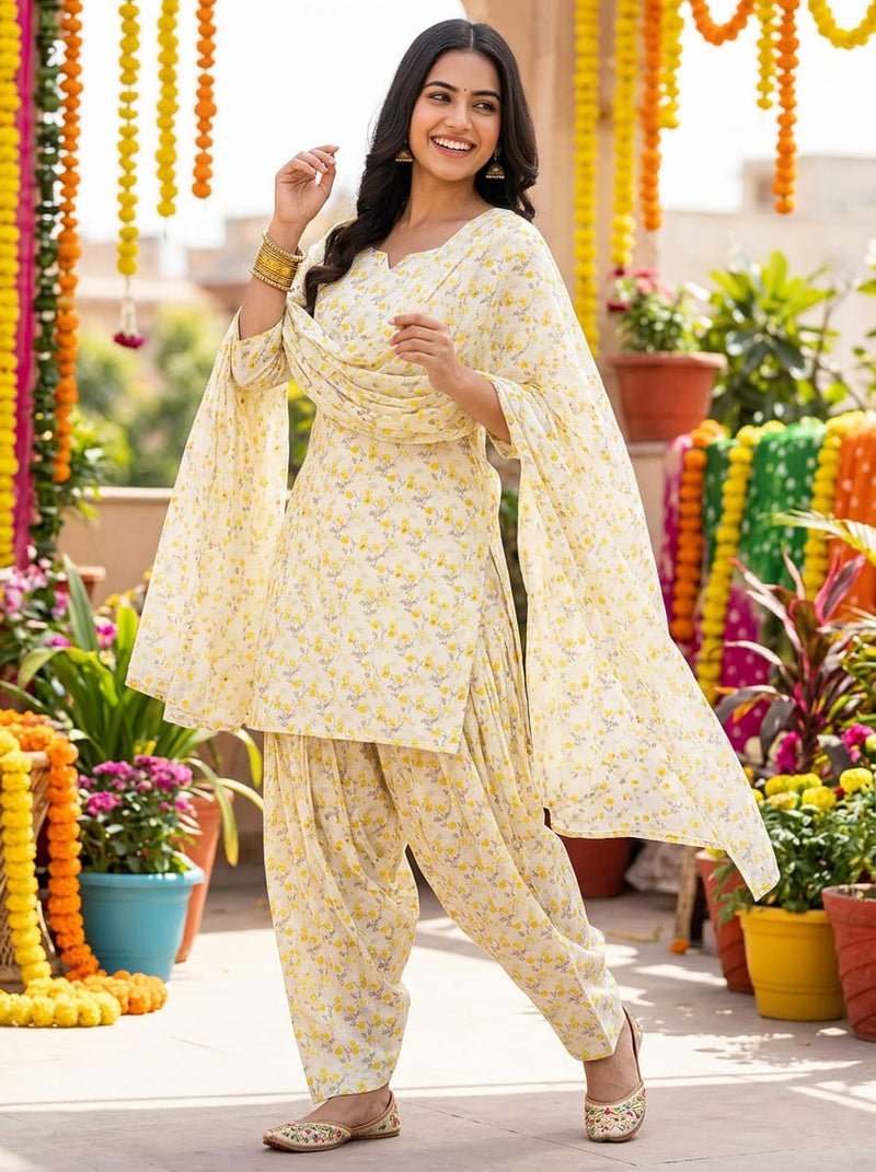 Cream Ditsy Yellow Floral Pure Cotton Digital Printed Fabric