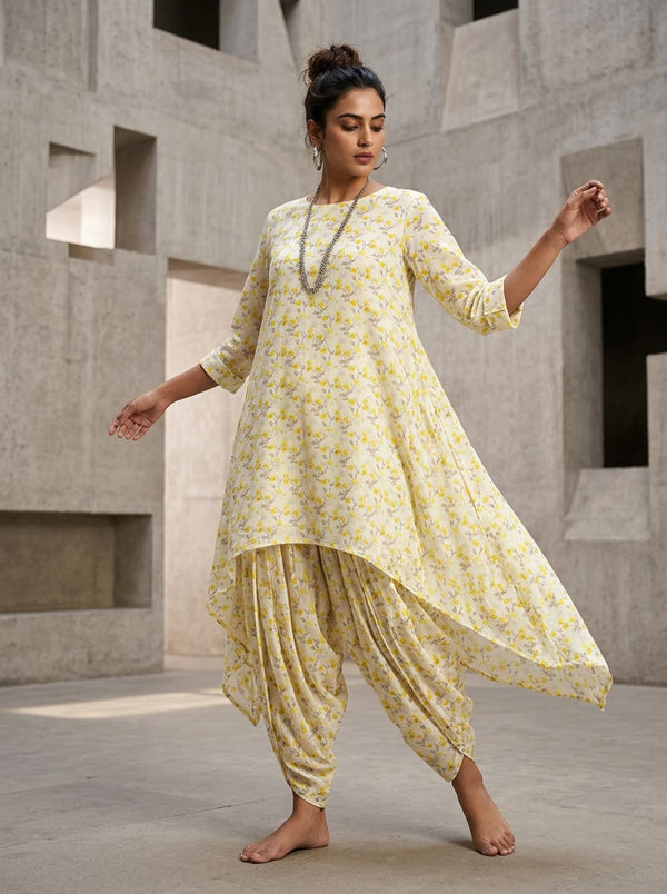 Yellow Ditsy Poppy Floral Pure Muslin Digital Printed Fabric - Asymmetric Tunic with Dhoti Pants Lookbook - PM-0-TA08274P-110 - alternate view