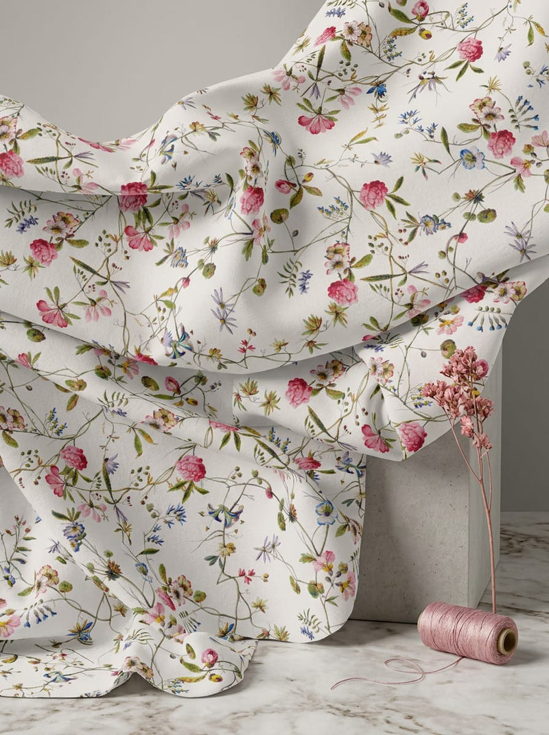 White Dainty Botanical Floral Vine Silk Crepe Digital Printed Fabric