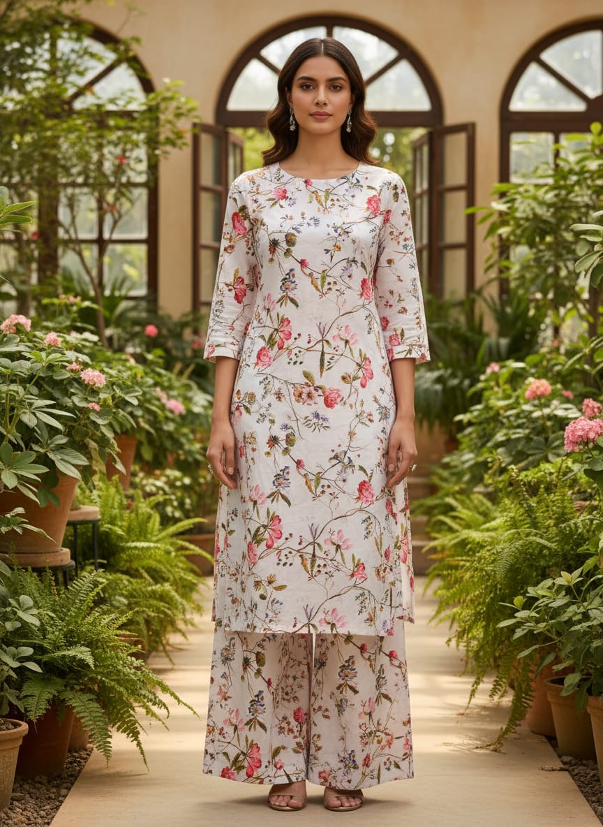 Multicolor Delicate Botanical Floral Pure Cotton Digital Printed Fabric