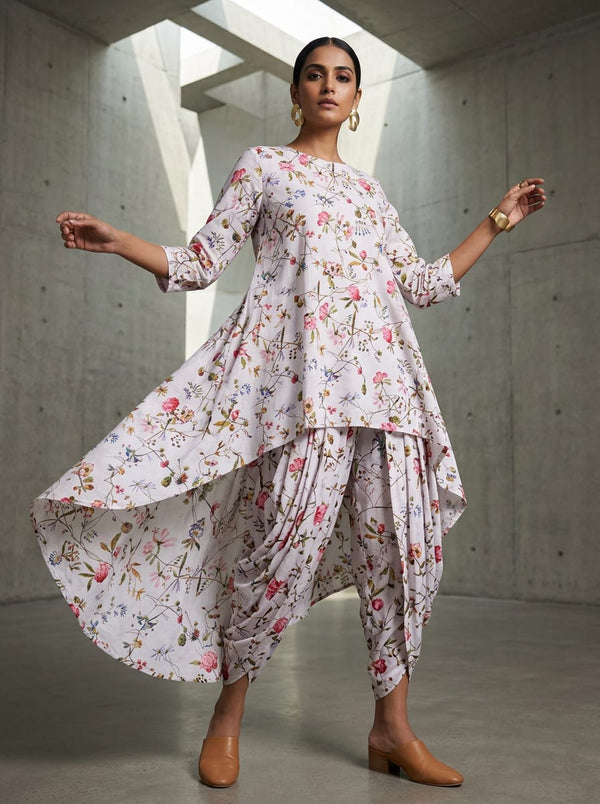 Multicolor Delicate Botanical Floral Pure Cotton Digital Printed Fabric - Asymmetric Tunic with Dhoti Pants Lookbook - PCO-0-TA08275P-108 - alternate view