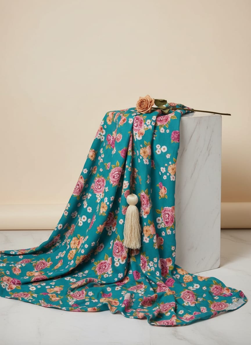 Teal Vintage Roses and Daisies Floral Muslin Digital Printed Fabric